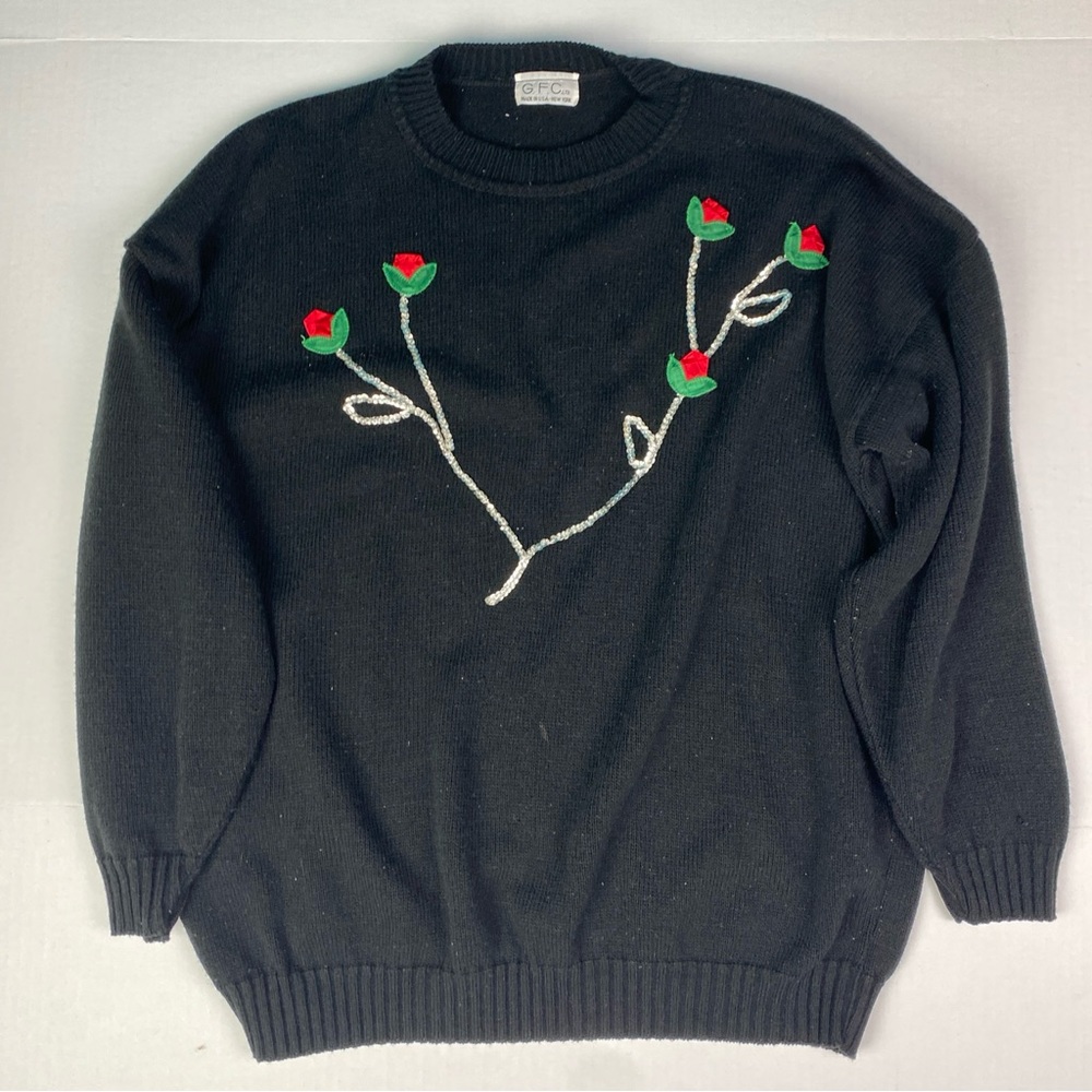 Vintage GFC Ltd Women's Medium Large Sweater Black Sequins Rose Flower Acrylic
